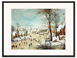 Gerahmter Kunstdruck Winterlandschaft mit Eisläufern und Vogelfalle