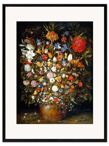 Kunsttryk i ramme Large bouquet of flowers in a wooden tub