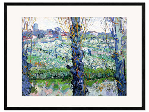 Impression artistique encadrée Verger en fleur avec vue d'Arles