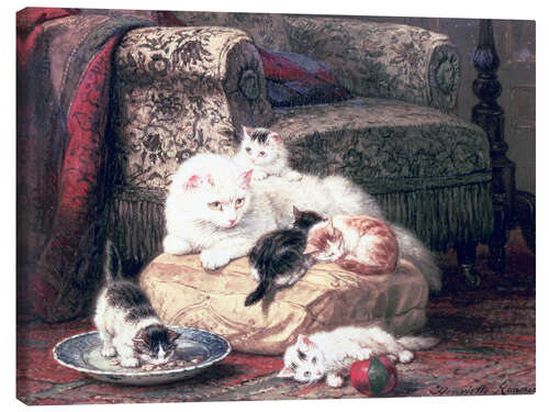 Canvas print Cat with her Kittens on a Cushion