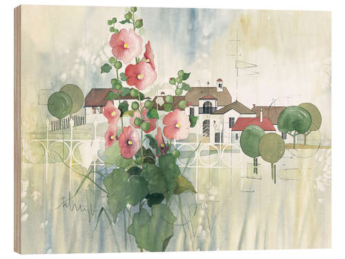 Obraz na drewnie Rural Impression with hollyhocks