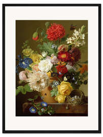 Gerahmter Kunstdruck Blumen-Stillleben auf einem Marmor-Leiste