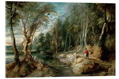 Tableau en verre acrylique A Shepherd with his Flock in a Woody landscape