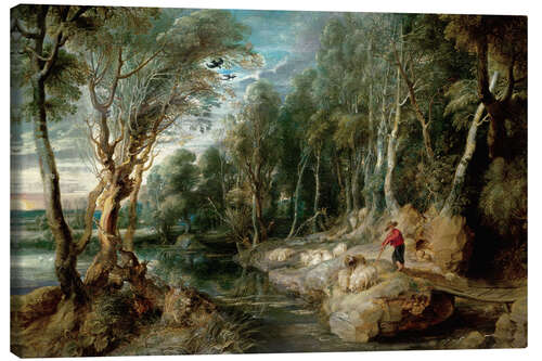 Canvas print A Shepherd with his Flock in a Woody Landscape