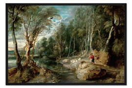 Gerahmter Kunstdruck Hirte mit seiner Herde im Wald