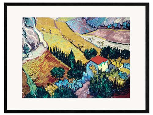 Impression artistique encadrée Paysage avec une maison et un laboureur