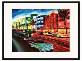 Gerahmter Kunstdruck Miami Ocean Drive mit mintfarbenen Cadillac