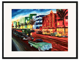 Ingelijste kunstdruk Miami Ocean Drive with mint Cadillac