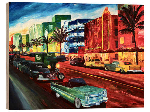 Stampa su legno Miami Ocean Drive with mint Cadillac