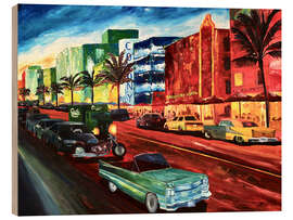 Cuadro de madera Miami Ocean Drive with mint Cadillac