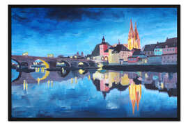 Gerahmter Kunstdruck Regensburg bei Dunkelheit