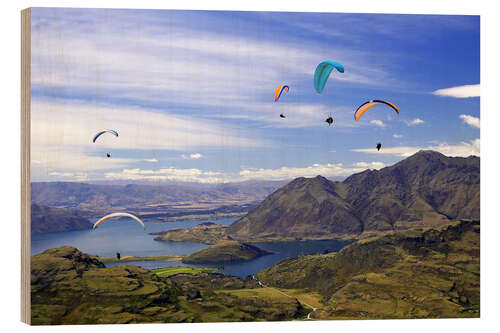 Wood print Paragliders over Lake Wanaka