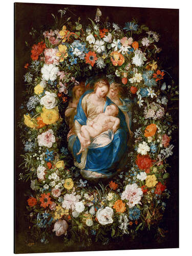 Aluminiumsbilde Flowers wreath with virgin, child and two angels