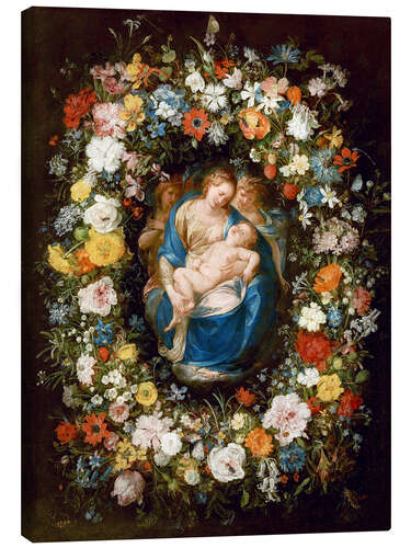 Canvas print Flowers wreath with virgin, child and two angels