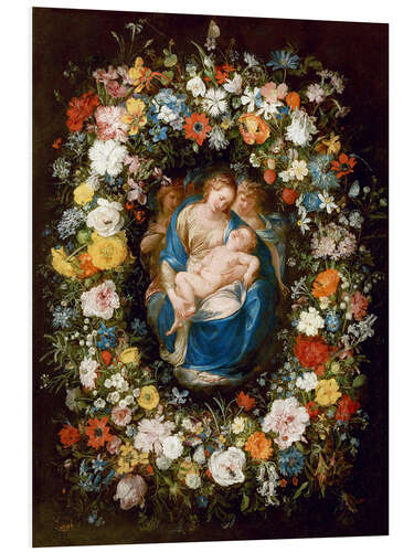 Tableau en PVC Flowers wreath with virgin, child and two angels