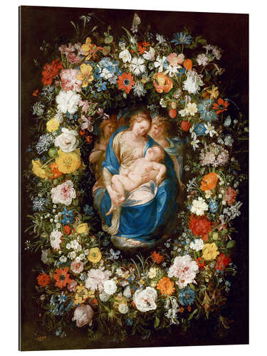 Tableau en plexi-alu Flowers wreath with virgin, child and two angels