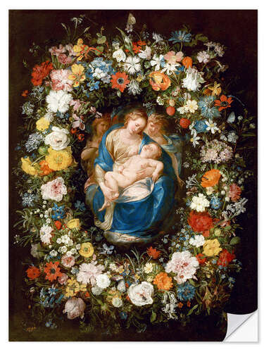 Muursticker Flowers wreath with virgin, child and two angels