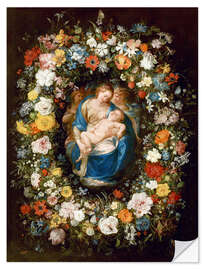 Wall sticker Flowers wreath with virgin, child and two angels