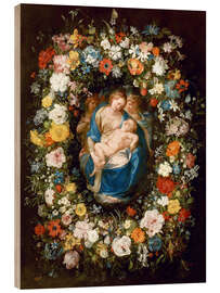 Wood print Flowers wreath with virgin, child and two angels