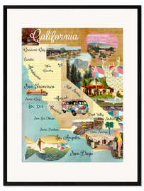 Framed art print Vintage California Map Collage Poster on wooden background