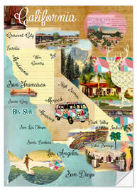 Selvklebende plakat Vintage California Map Collage Poster on wooden background