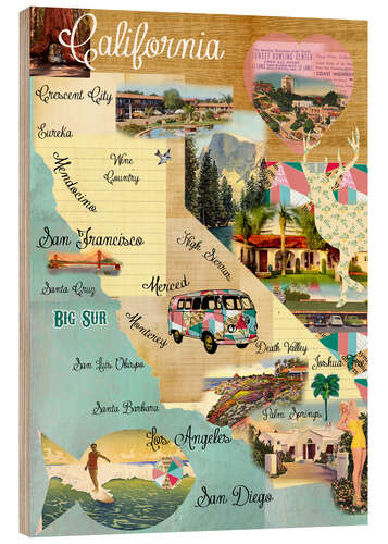 Wood print Vintage California Map Collage Poster on wooden background