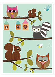 Póster Happy Tree with cute animals - owls, squirrel, racoon