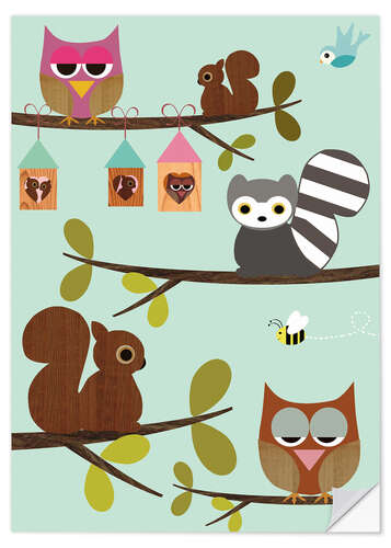 Sisustustarra Happy Tree with cute animals - owls, squirrel, racoon