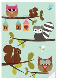 Selvklebende plakat Happy Tree with cute animals - owls, squirrel, racoon