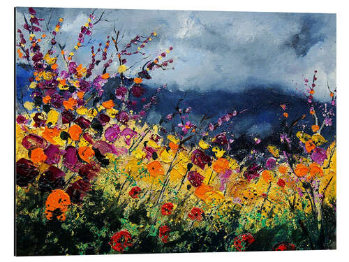 Aluminium print Grey sky over a wildflower field