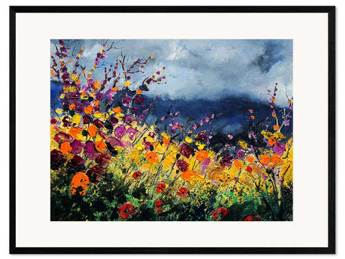 Impression artistique encadrée Grey sky over a wildflower field