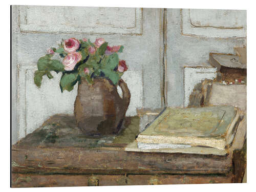 Quadro em alumínio Still life with the artist painting set and a vase with moss roses