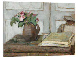 Aluminium print Still life with the artist painting set and a vase with moss roses