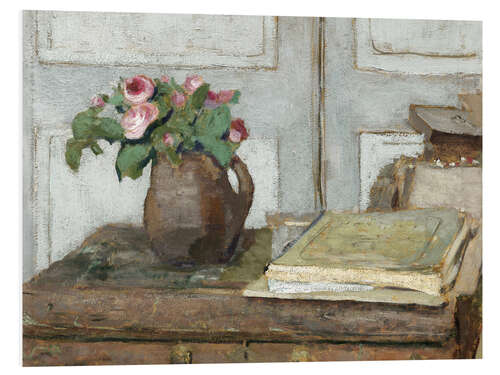 Print på skumplade Still life with the artist painting set and a vase with moss roses