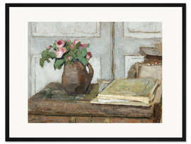 Gerahmter Kunstdruck Stilleben mit dem Malkoffer des Künstlers und einer Vase mit Moosrosen