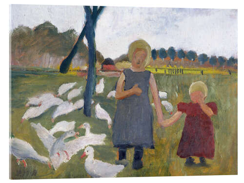 Akrylbillede Children with geese at a drawing well