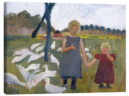 Canvas print Children with geese at a drawing well