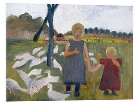 Quadro em PVC Children with geese at a drawing well