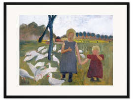 Gerahmter Kunstdruck Kinder mit Gänsen am Ziehbrunnen