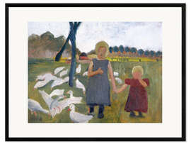 Plakat artystyczny premium w ramie Children with geese at a drawing well