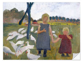 Selvklæbende plakat Children with geese at a drawing well