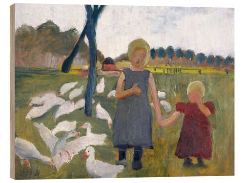 Obraz na drewnie Children with geese at a drawing well