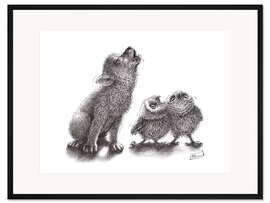 Gerahmter Kunstdruck heulender Wolf trifft heulende Eulen