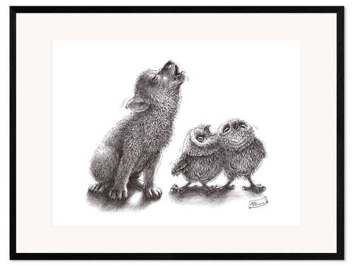 Framed art print Howling wolf meets howling owls