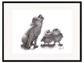 Framed art print Howling wolf meets howling owls