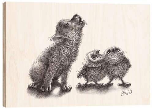 Hout print Howling wolf meets howling owls