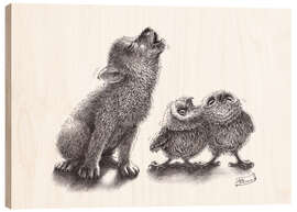 Wood print  Howling wolf meets howling owls - Stefan Kahlhammer