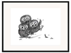 Gerahmter Kunstdruck Hilfe, drei Eulen und ein Monster