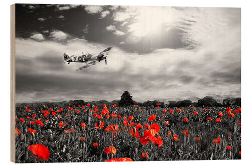 Quadro de madeira Spitfire voando sobre um campo de papoilas