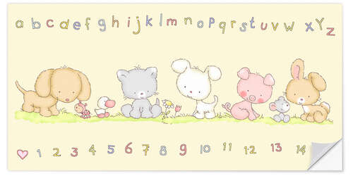 Selvklæbende plakat baby pet animals with alphabet and numbers